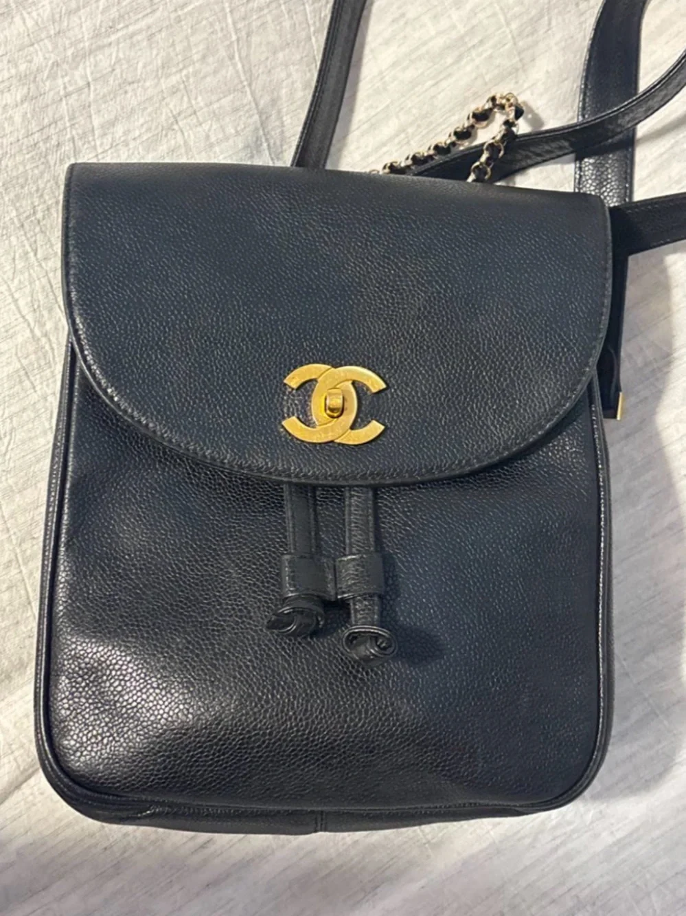Authentic Chanel Black Caviar Leather Backpack with Gold CC Twist Lock